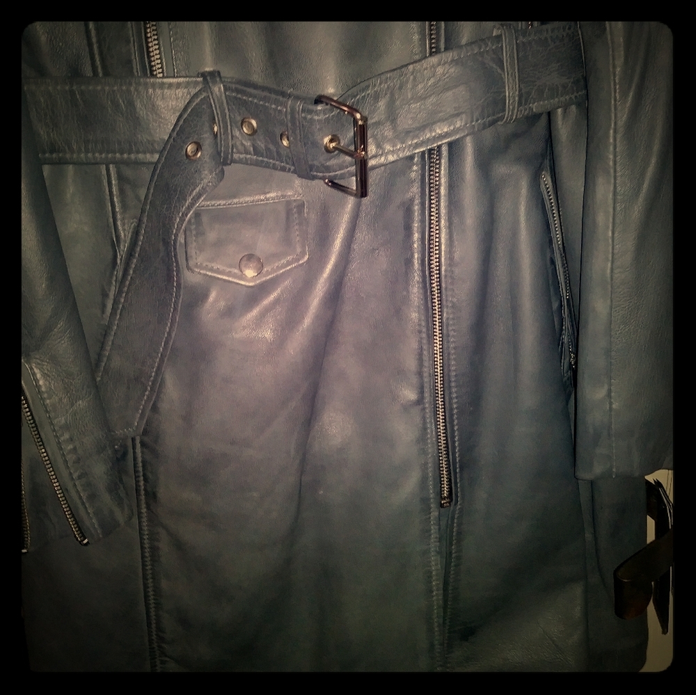 Leather moto 3/4 belted coat